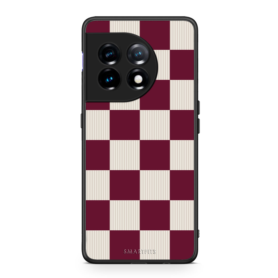 Θήκη OnePlus 11 5G Burgundy and Cream Striped Checks από τη Smartfits με σχέδιο στο πίσω μέρος και μαύρο περίβλημα | OnePlus 11 5G Burgundy and Cream Striped Checks case with colorful back and black bezels