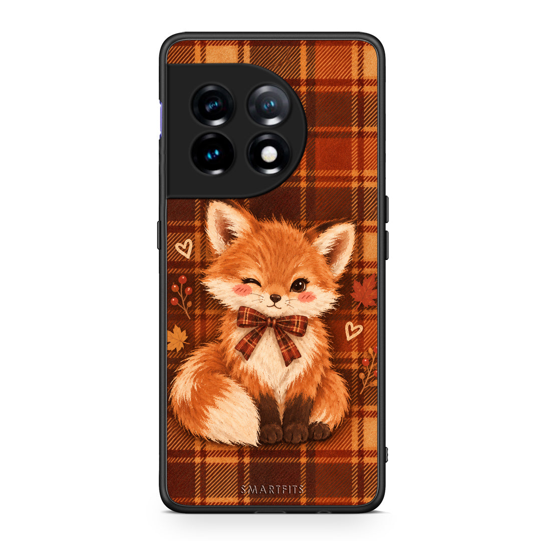 Θήκη OnePlus 11 5G Fox on Autumn Tartan από τη Smartfits με σχέδιο στο πίσω μέρος και μαύρο περίβλημα | OnePlus 11 5G Fox on Autumn Tartan case with colorful back and black bezels