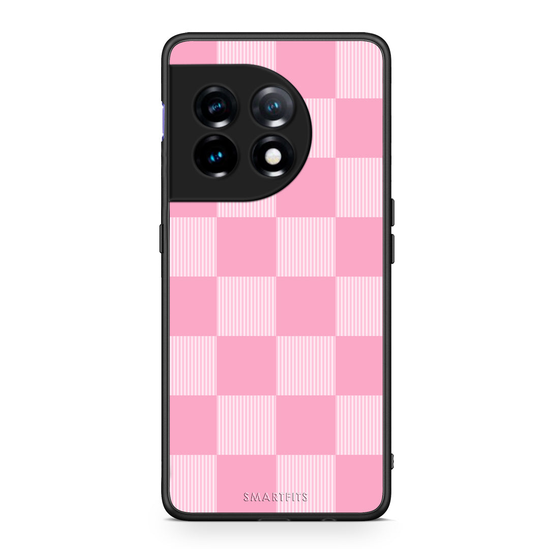 Θήκη OnePlus 11 5G Pink and White Striped Checks από τη Smartfits με σχέδιο στο πίσω μέρος και μαύρο περίβλημα | OnePlus 11 5G Pink and White Striped Checks case with colorful back and black bezels