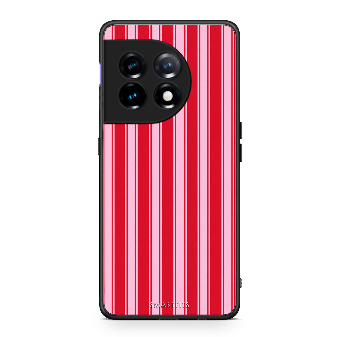 Θήκη OnePlus 11 5G Red and Pink Vertical Pinstripes από τη Smartfits με σχέδιο στο πίσω μέρος και μαύρο περίβλημα | OnePlus 11 5G Red and Pink Vertical Pinstripes case with colorful back and black bezels