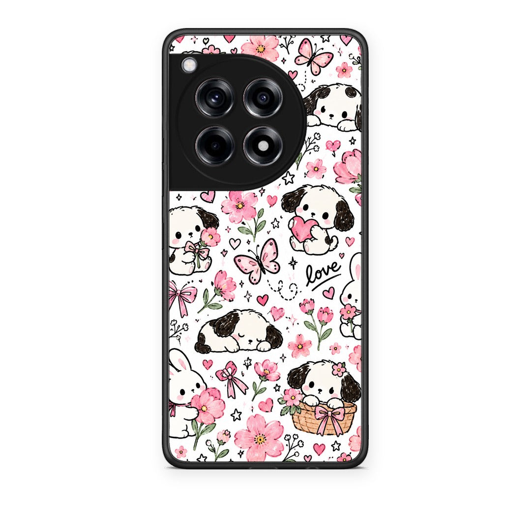 Θήκη OnePlus 12R 5G Pink Florals Puppies and Bunnies on White από τη Smartfits με σχέδιο στο πίσω μέρος και μαύρο περίβλημα | OnePlus 12R 5G Pink Florals Puppies and Bunnies on White case with colorful back and black bezels