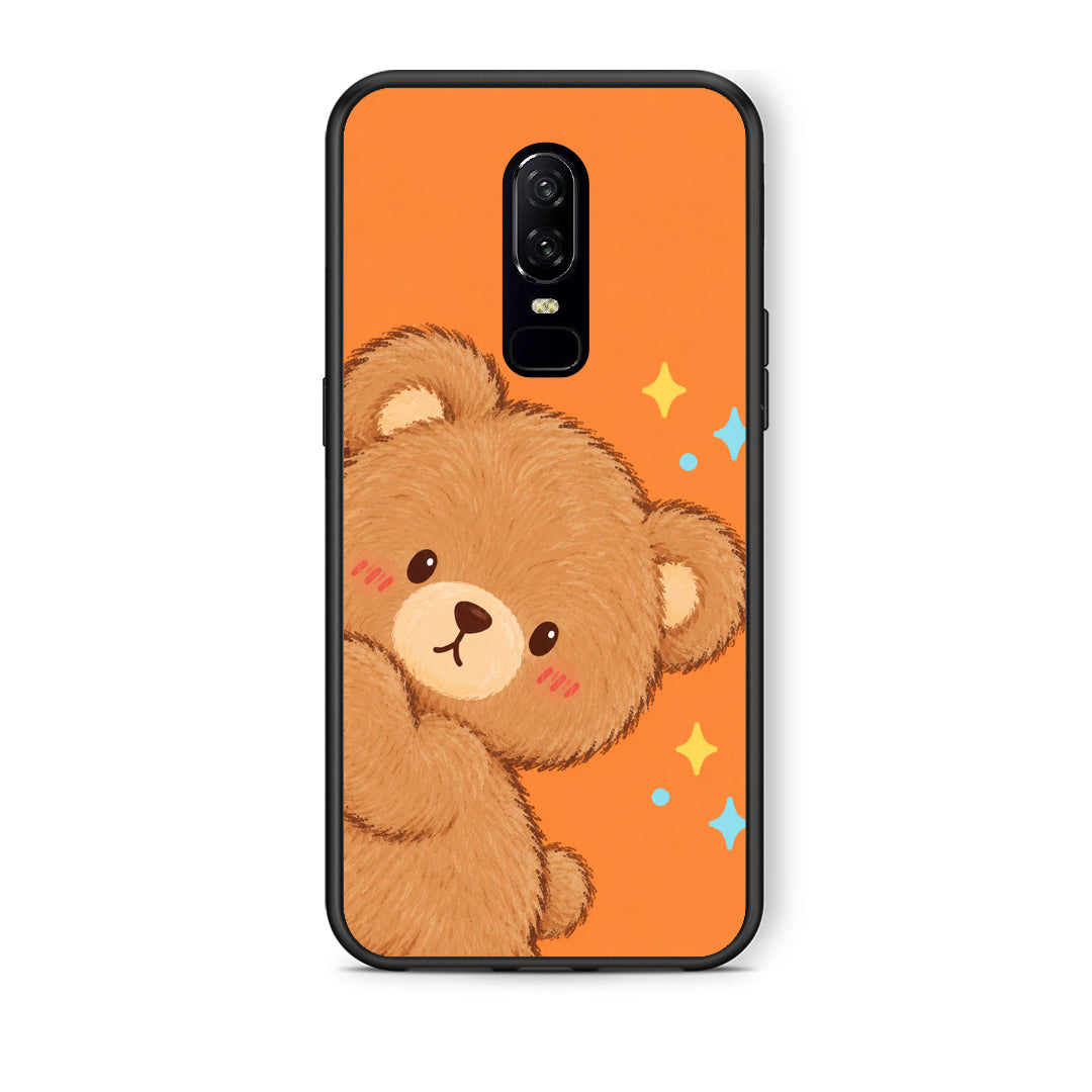 Θήκη OnePlus 6 Peekaboo Teddy on Orange από τη Smartfits με σχέδιο στο πίσω μέρος και μαύρο περίβλημα | OnePlus 6 Peekaboo Teddy on Orange case with colorful back and black bezels