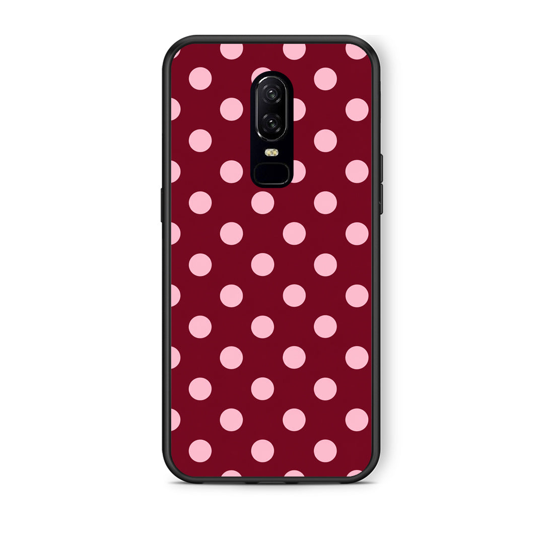 Θήκη OnePlus 6 Pink Polka Dots on Burgundy από τη Smartfits με σχέδιο στο πίσω μέρος και μαύρο περίβλημα | OnePlus 6 Pink Polka Dots on Burgundy case with colorful back and black bezels