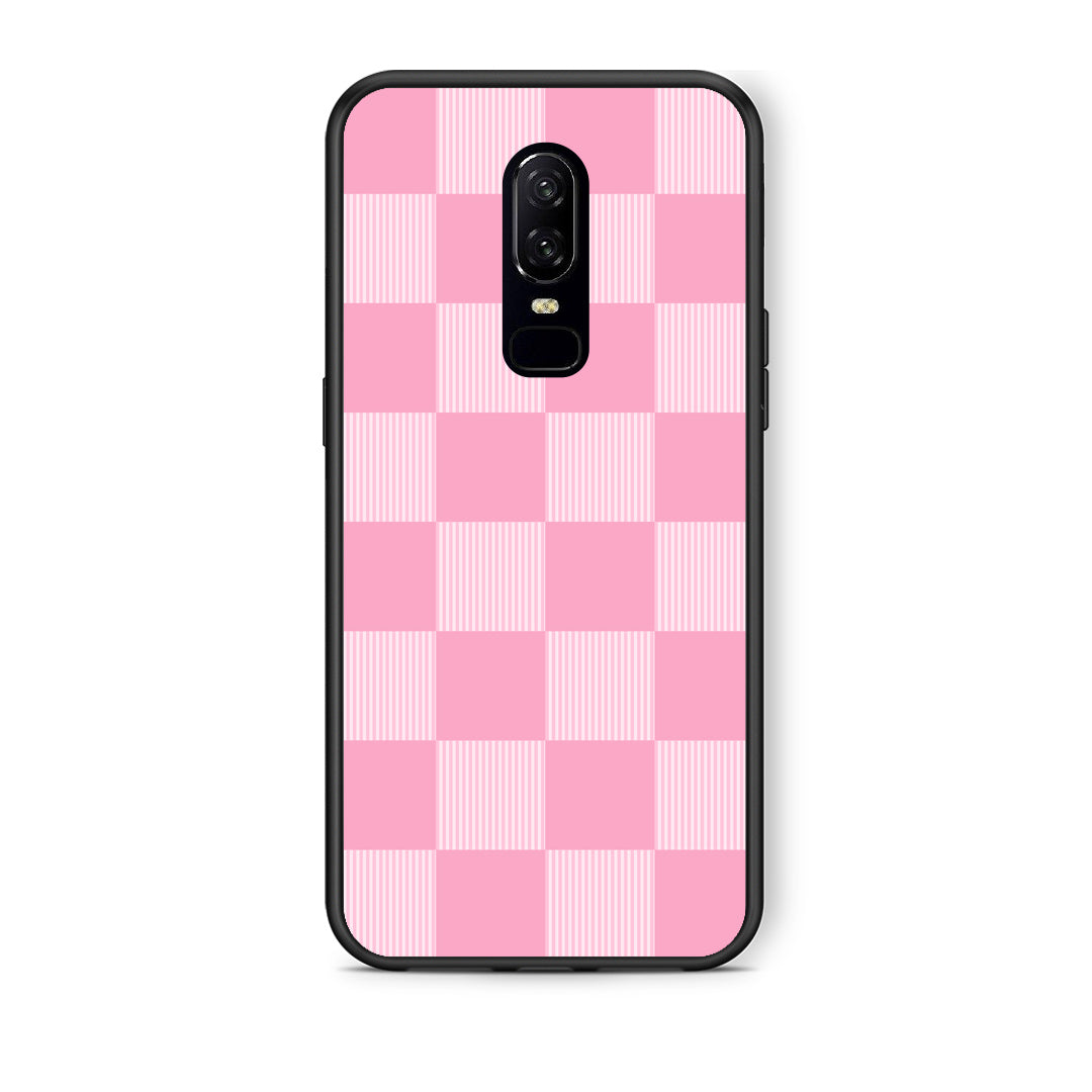 Θήκη OnePlus 6 Pink and White Striped Checks από τη Smartfits με σχέδιο στο πίσω μέρος και μαύρο περίβλημα | OnePlus 6 Pink and White Striped Checks case with colorful back and black bezels