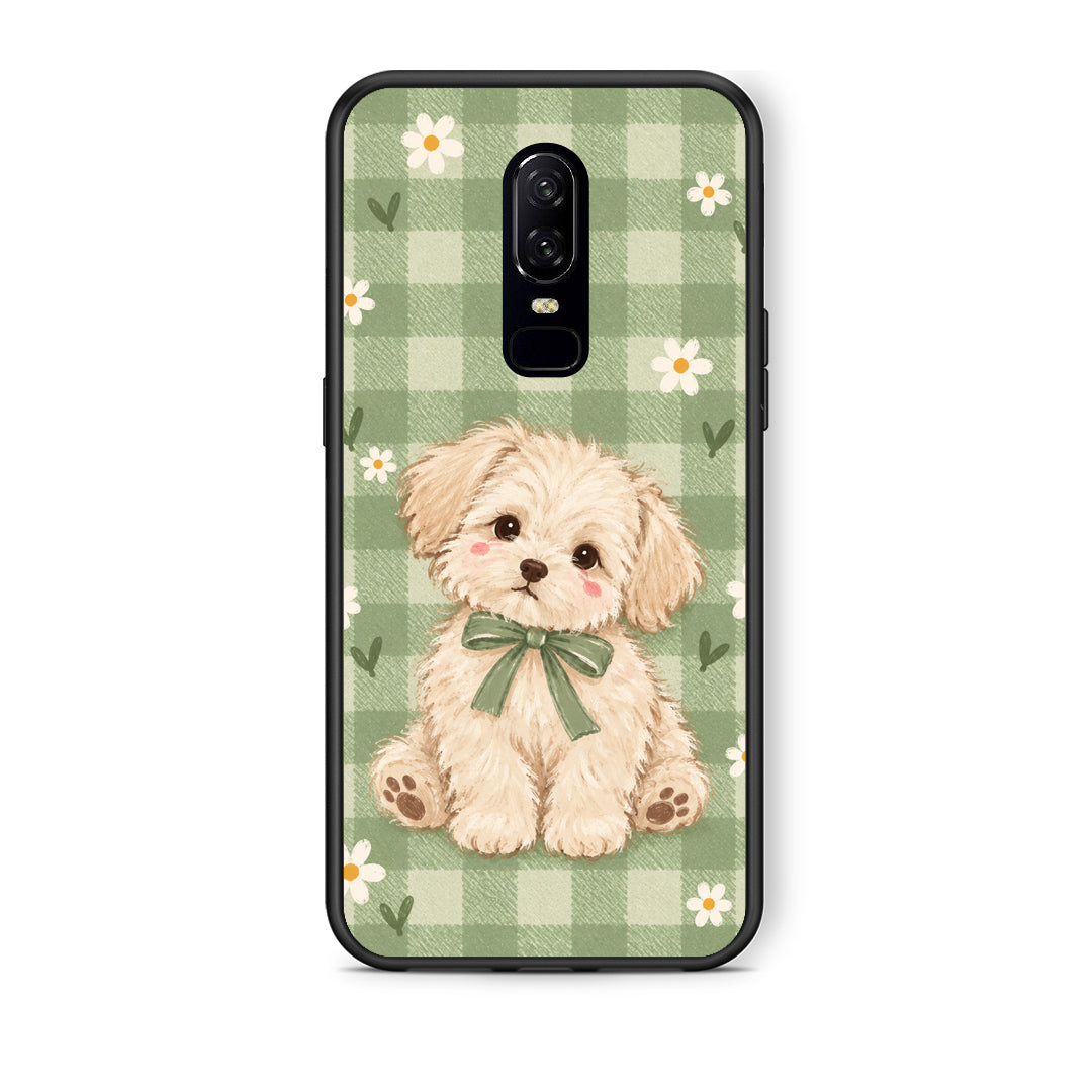 Θήκη OnePlus 6 Puppy and Daisies on Sage Gingham από τη Smartfits με σχέδιο στο πίσω μέρος και μαύρο περίβλημα | OnePlus 6 Puppy and Daisies on Sage Gingham case with colorful back and black bezels