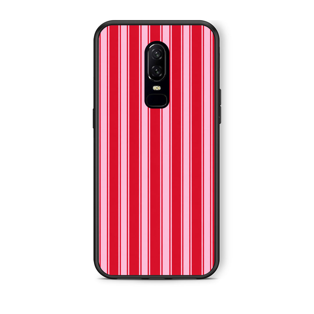 Θήκη OnePlus 6 Red and Pink Vertical Pinstripes από τη Smartfits με σχέδιο στο πίσω μέρος και μαύρο περίβλημα | OnePlus 6 Red and Pink Vertical Pinstripes case with colorful back and black bezels