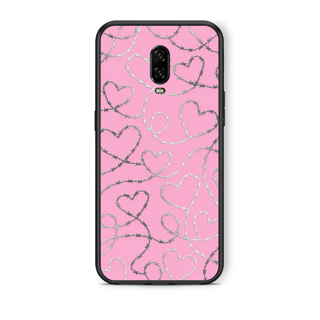 Θήκη OnePlus 6T Barbed Wire Hearts on Pink από τη Smartfits με σχέδιο στο πίσω μέρος και μαύρο περίβλημα | OnePlus 6T Barbed Wire Hearts on Pink case with colorful back and black bezels