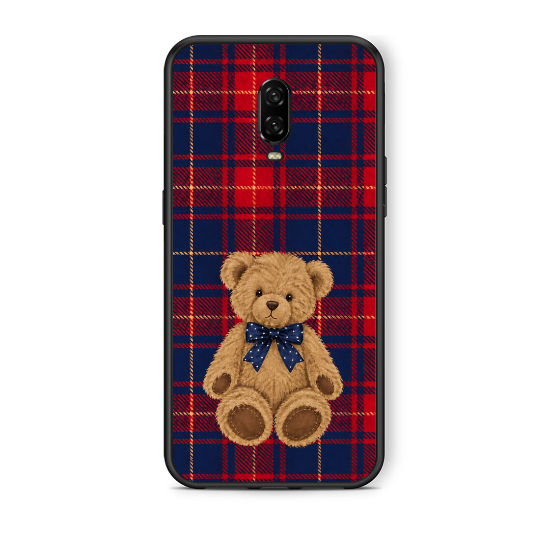 Θήκη OnePlus 6T Teddy Bear on Red and Navy Tartan από τη Smartfits με σχέδιο στο πίσω μέρος και μαύρο περίβλημα | OnePlus 6T Teddy Bear on Red and Navy Tartan case with colorful back and black bezels