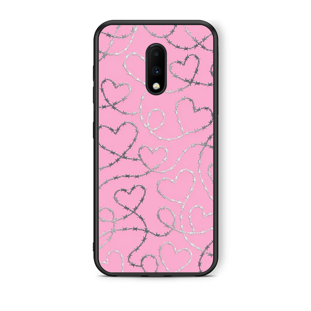 Θήκη OnePlus 7 Barbed Wire Hearts on Pink από τη Smartfits με σχέδιο στο πίσω μέρος και μαύρο περίβλημα | OnePlus 7 Barbed Wire Hearts on Pink case with colorful back and black bezels