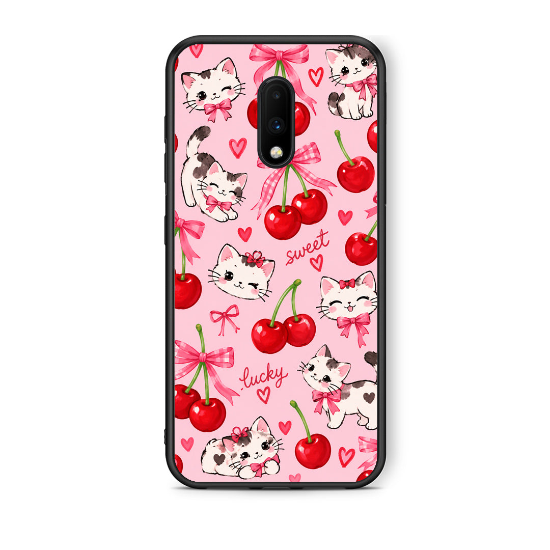 Θήκη OnePlus 7 Cherries Bows and Kittens on Pink από τη Smartfits με σχέδιο στο πίσω μέρος και μαύρο περίβλημα | OnePlus 7 Cherries Bows and Kittens on Pink case with colorful back and black bezels