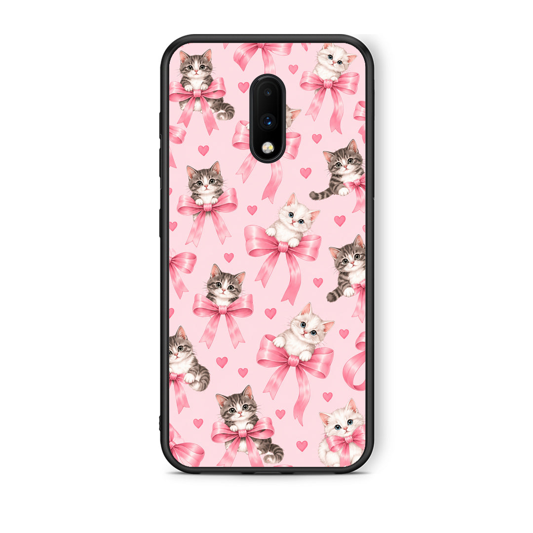 Θήκη OnePlus 7 Kittens and Pink Bows on Pink από τη Smartfits με σχέδιο στο πίσω μέρος και μαύρο περίβλημα | OnePlus 7 Kittens and Pink Bows on Pink case with colorful back and black bezels