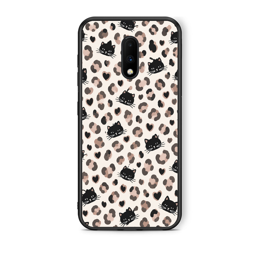 Θήκη OnePlus 7 Leopard Spots and Black Cats on Cream από τη Smartfits με σχέδιο στο πίσω μέρος και μαύρο περίβλημα | OnePlus 7 Leopard Spots and Black Cats on Cream case with colorful back and black bezels