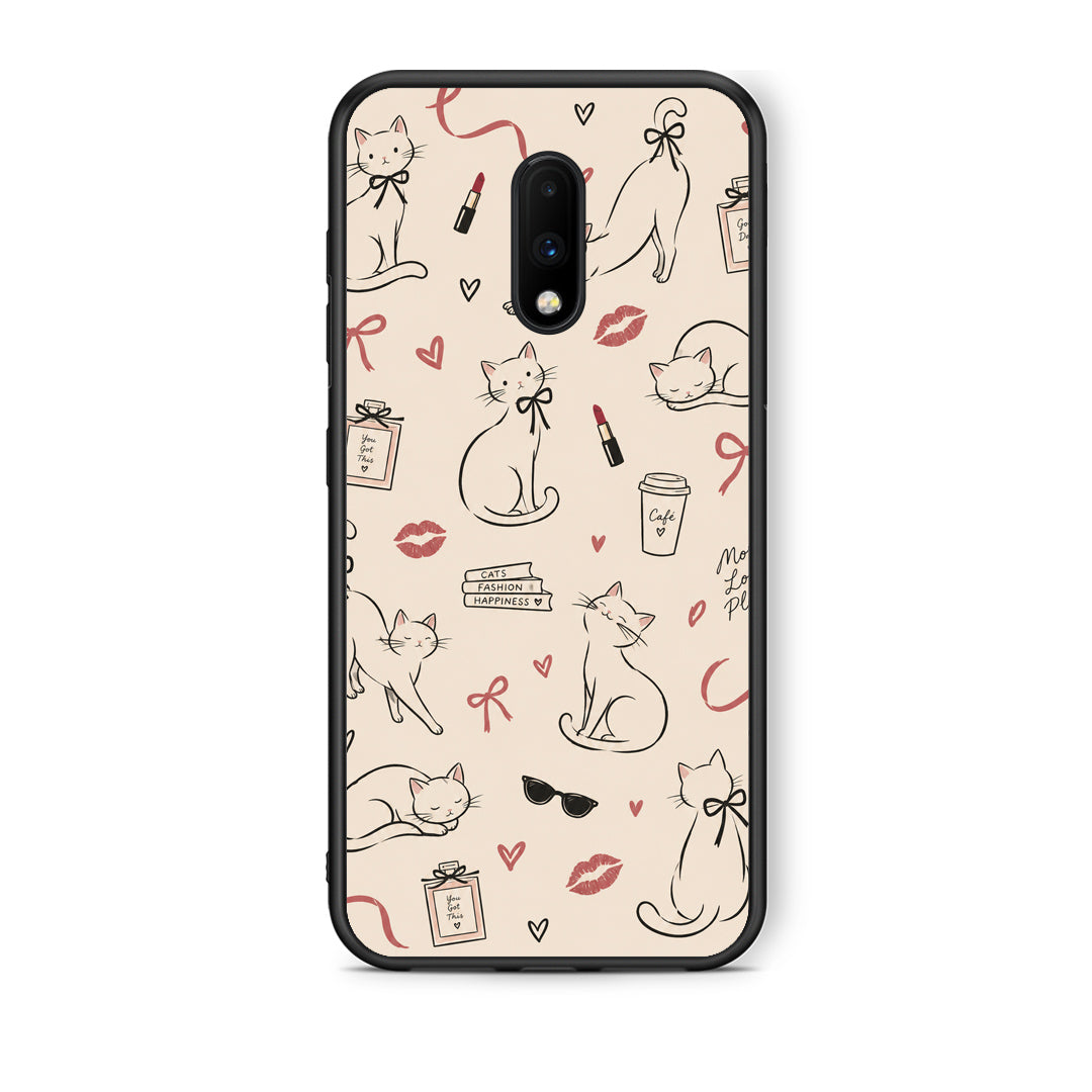 Θήκη OnePlus 7 Minimal Cat and Fashion Doodles on Cream από τη Smartfits με σχέδιο στο πίσω μέρος και μαύρο περίβλημα | OnePlus 7 Minimal Cat and Fashion Doodles on Cream case with colorful back and black bezels