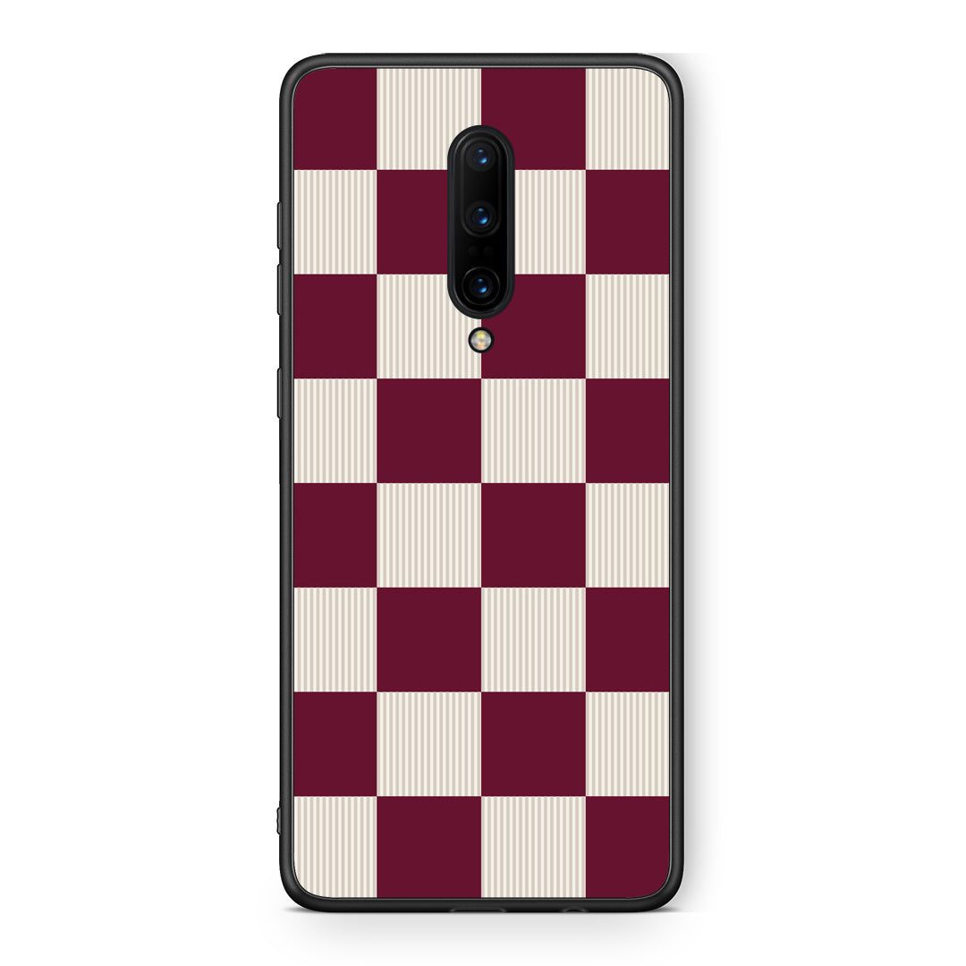 Θήκη OnePlus 7 Pro Burgundy and Cream Striped Checks από τη Smartfits με σχέδιο στο πίσω μέρος και μαύρο περίβλημα | OnePlus 7 Pro Burgundy and Cream Striped Checks case with colorful back and black bezels