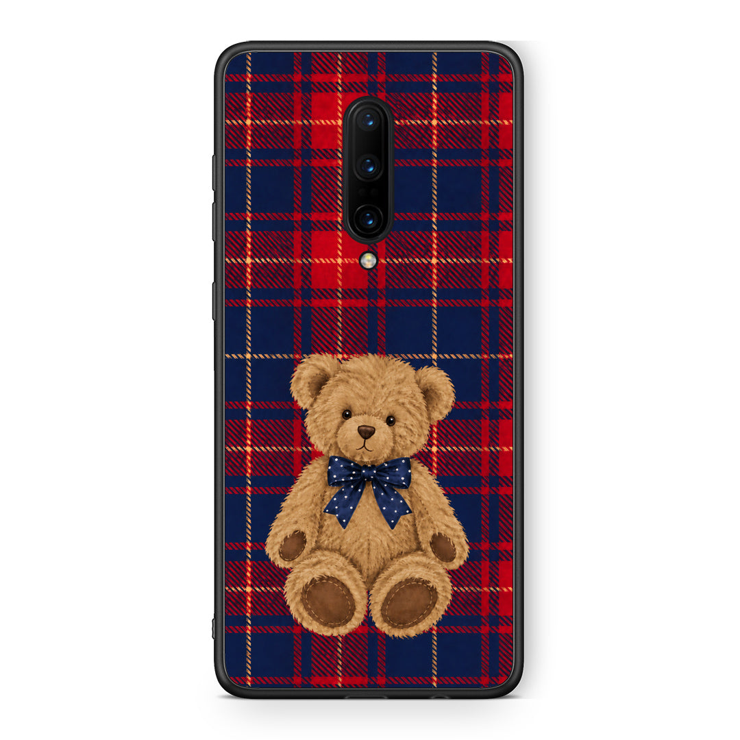 Θήκη OnePlus 7 Pro Teddy Bear on Red and Navy Tartan από τη Smartfits με σχέδιο στο πίσω μέρος και μαύρο περίβλημα | OnePlus 7 Pro Teddy Bear on Red and Navy Tartan case with colorful back and black bezels