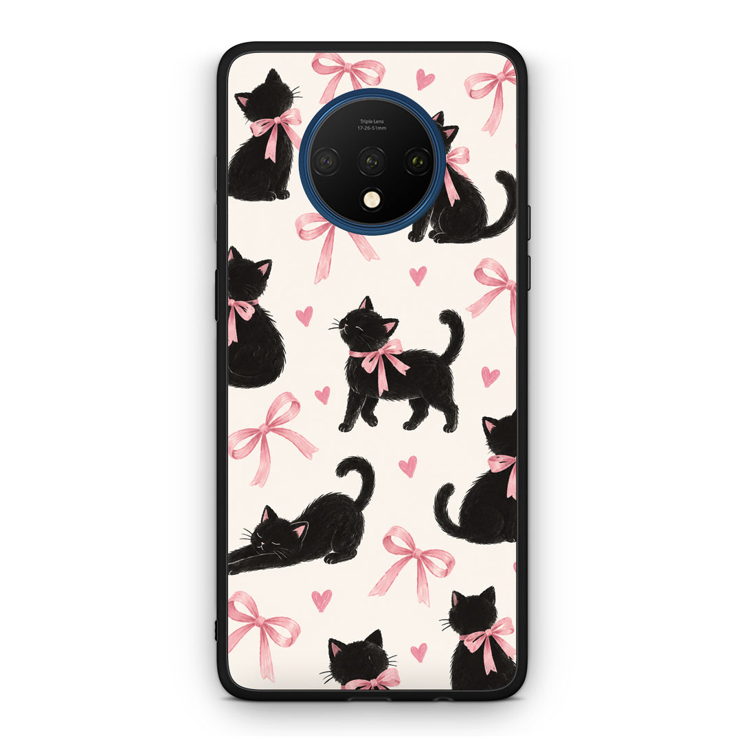 Θήκη OnePlus 7T Black Kittens and Pink Bows on Cream Large από τη Smartfits με σχέδιο στο πίσω μέρος και μαύρο περίβλημα | OnePlus 7T Black Kittens and Pink Bows on Cream Large case with colorful back and black bezels