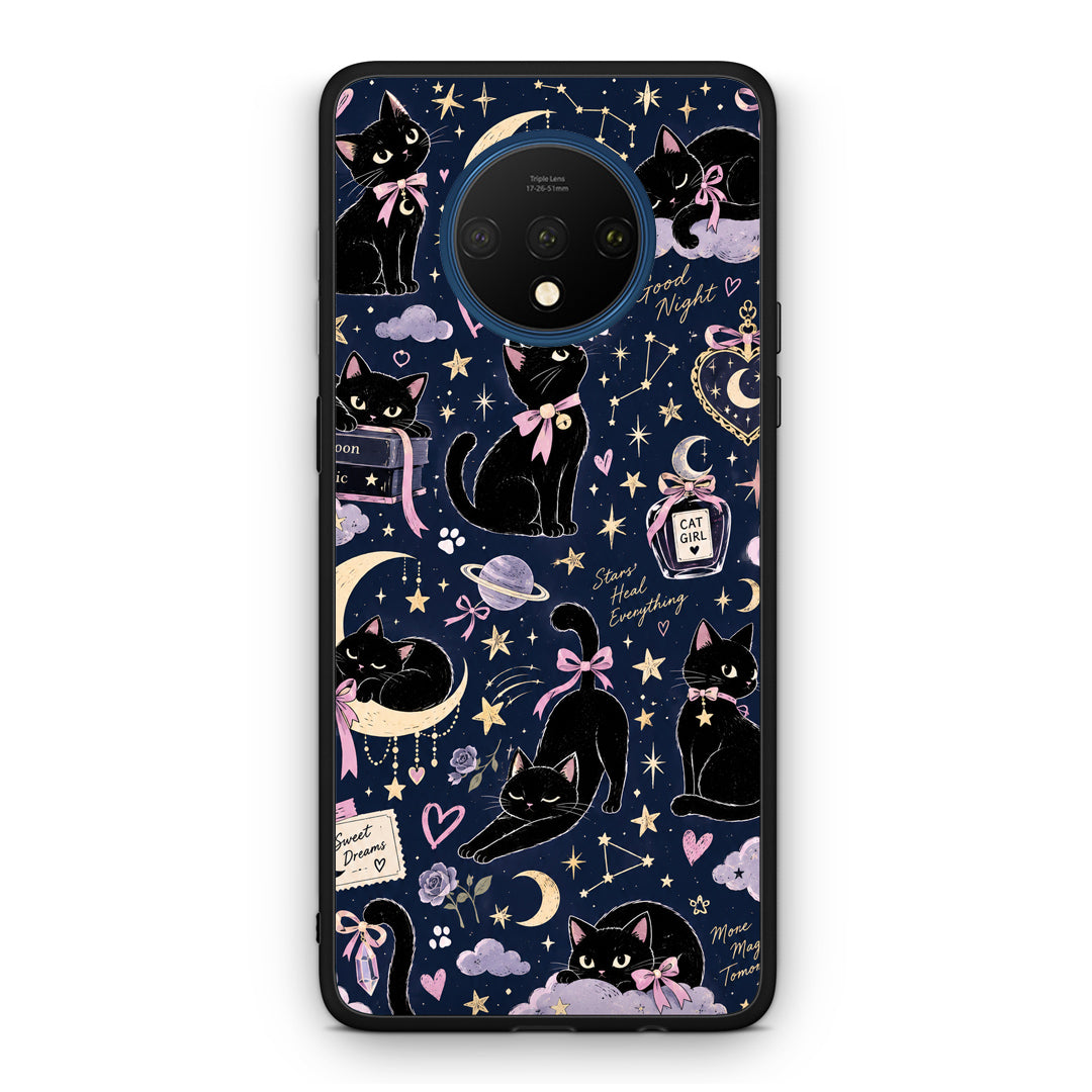 Θήκη OnePlus 7T Celestial Black Cats on Navy από τη Smartfits με σχέδιο στο πίσω μέρος και μαύρο περίβλημα | OnePlus 7T Celestial Black Cats on Navy case with colorful back and black bezels