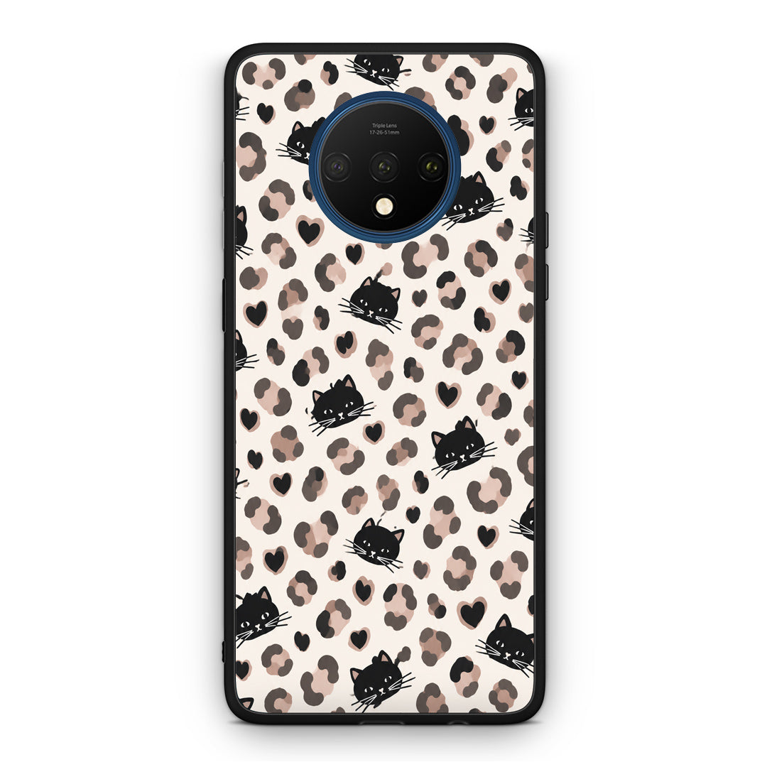Θήκη OnePlus 7T Leopard Spots and Black Cats on Cream από τη Smartfits με σχέδιο στο πίσω μέρος και μαύρο περίβλημα | OnePlus 7T Leopard Spots and Black Cats on Cream case with colorful back and black bezels