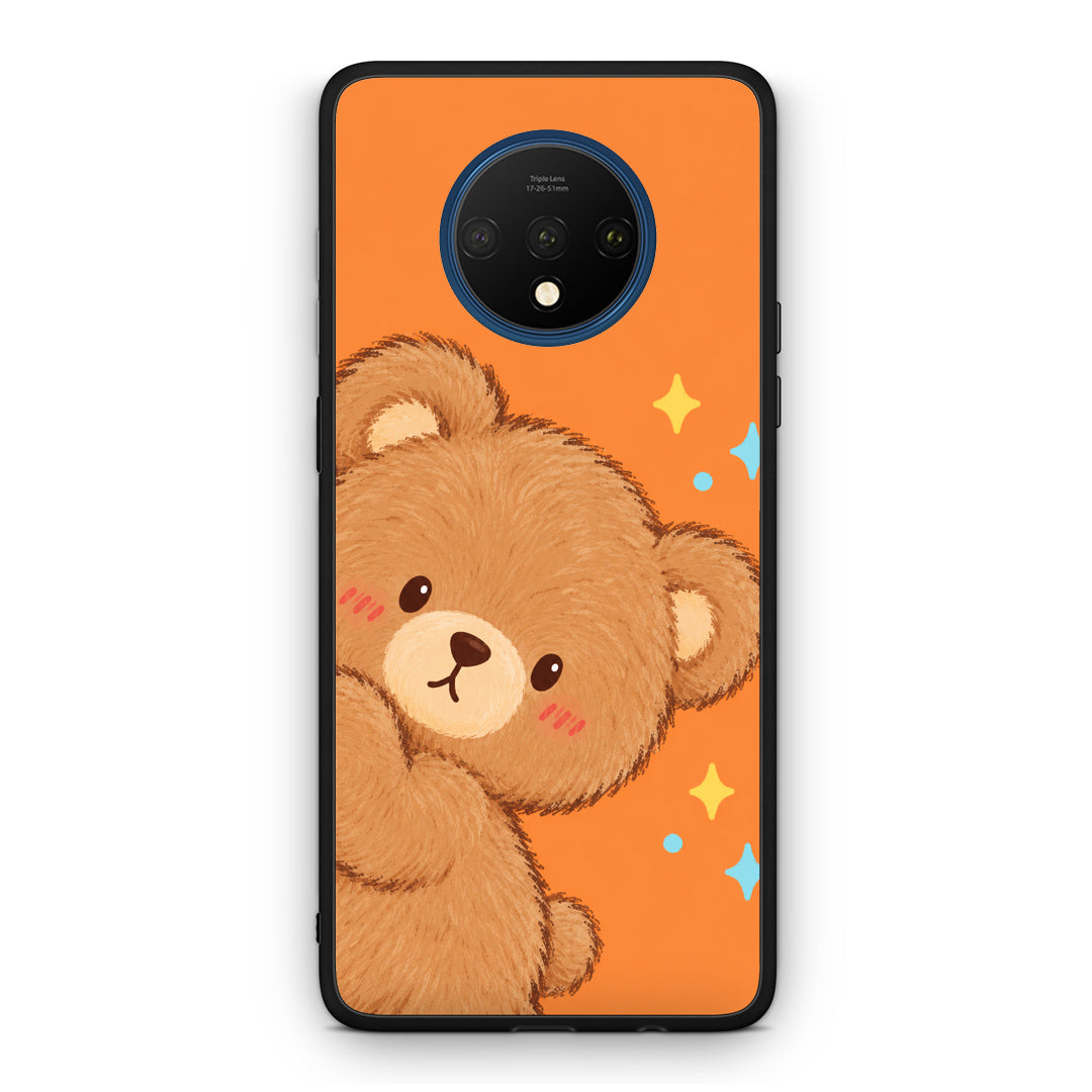 Θήκη OnePlus 7T Peekaboo Teddy on Orange από τη Smartfits με σχέδιο στο πίσω μέρος και μαύρο περίβλημα | OnePlus 7T Peekaboo Teddy on Orange case with colorful back and black bezels
