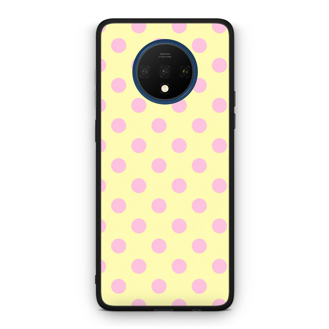 Θήκη OnePlus 7T Pink Polka Dots on Yellow από τη Smartfits με σχέδιο στο πίσω μέρος και μαύρο περίβλημα | OnePlus 7T Pink Polka Dots on Yellow case with colorful back and black bezels