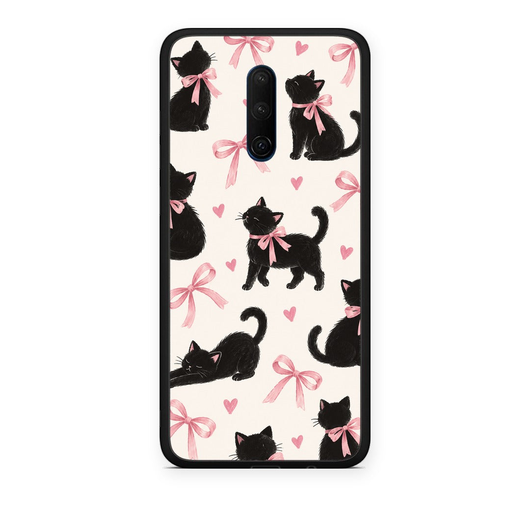 Θήκη OnePlus 7T Pro Black Kittens and Pink Bows on Cream Large από τη Smartfits με σχέδιο στο πίσω μέρος και μαύρο περίβλημα | OnePlus 7T Pro Black Kittens and Pink Bows on Cream Large case with colorful back and black bezels