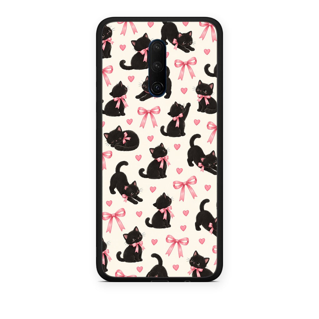 Θήκη OnePlus 7T Pro Black Kittens and Pink Bows on Cream Small από τη Smartfits με σχέδιο στο πίσω μέρος και μαύρο περίβλημα | OnePlus 7T Pro Black Kittens and Pink Bows on Cream Small case with colorful back and black bezels