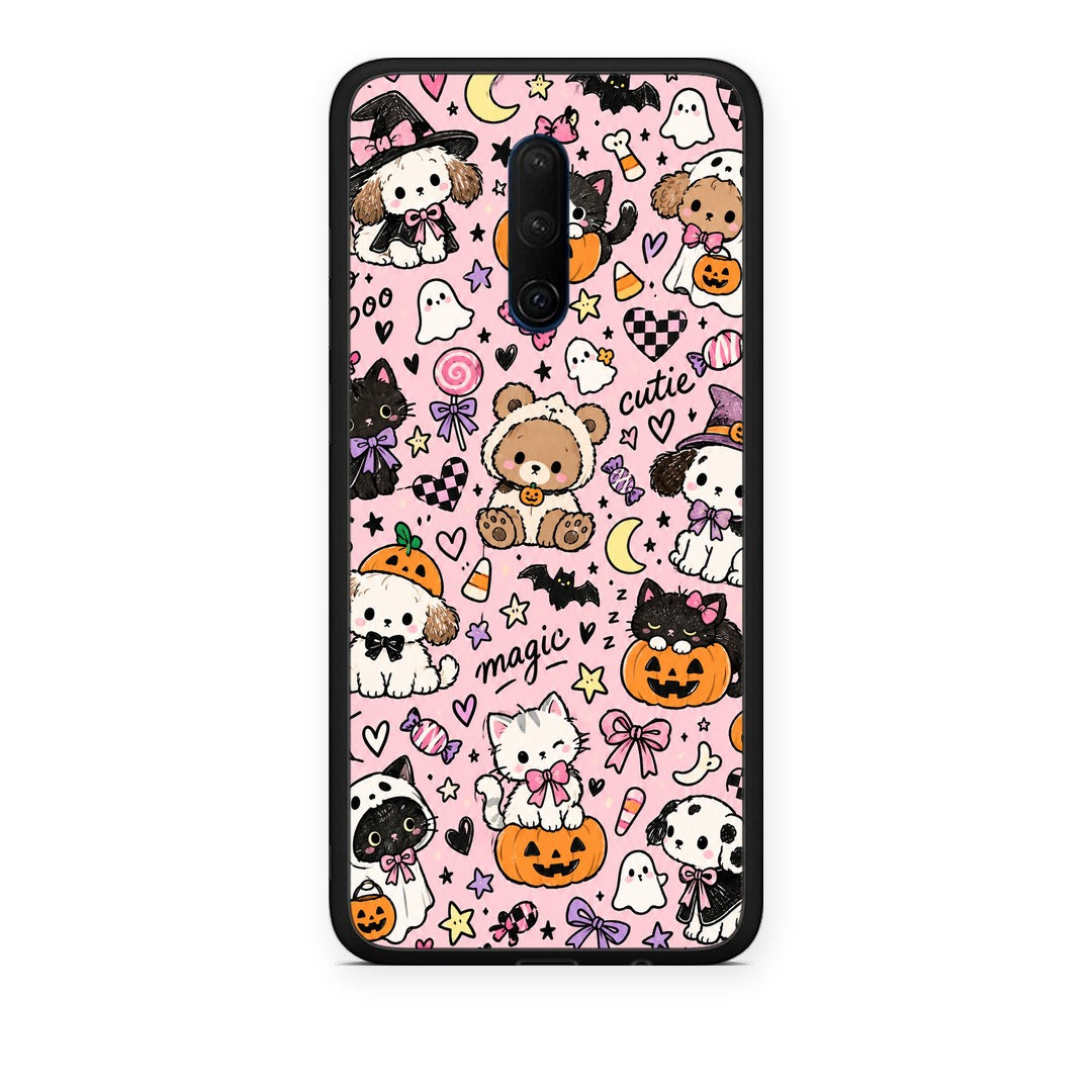 Θήκη OnePlus 7T Pro Halloween Cute Animals on Pink από τη Smartfits με σχέδιο στο πίσω μέρος και μαύρο περίβλημα | OnePlus 7T Pro Halloween Cute Animals on Pink case with colorful back and black bezels