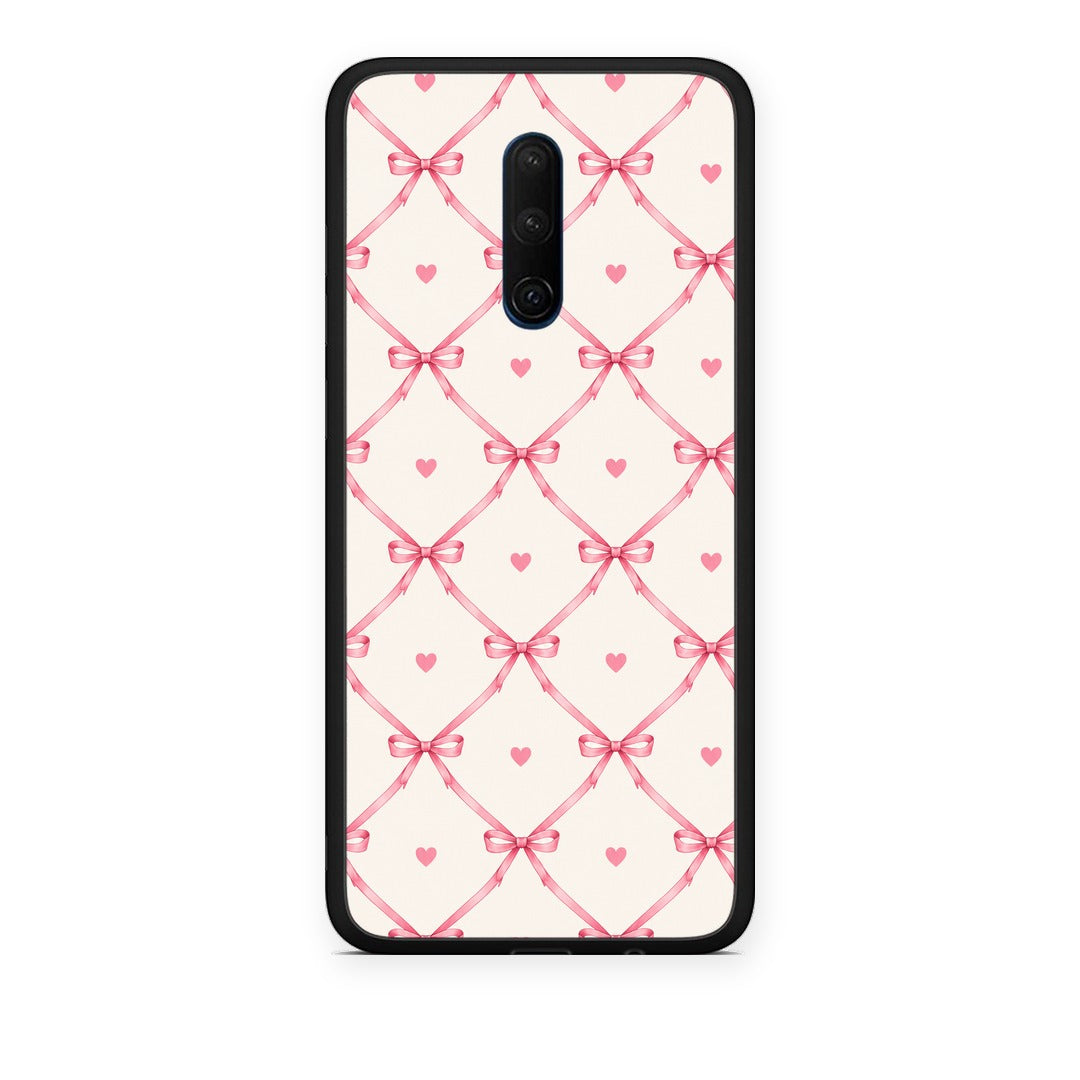 Θήκη OnePlus 7T Pro Pink Bow Lattice and Hearts on Cream από τη Smartfits με σχέδιο στο πίσω μέρος και μαύρο περίβλημα | OnePlus 7T Pro Pink Bow Lattice and Hearts on Cream case with colorful back and black bezels