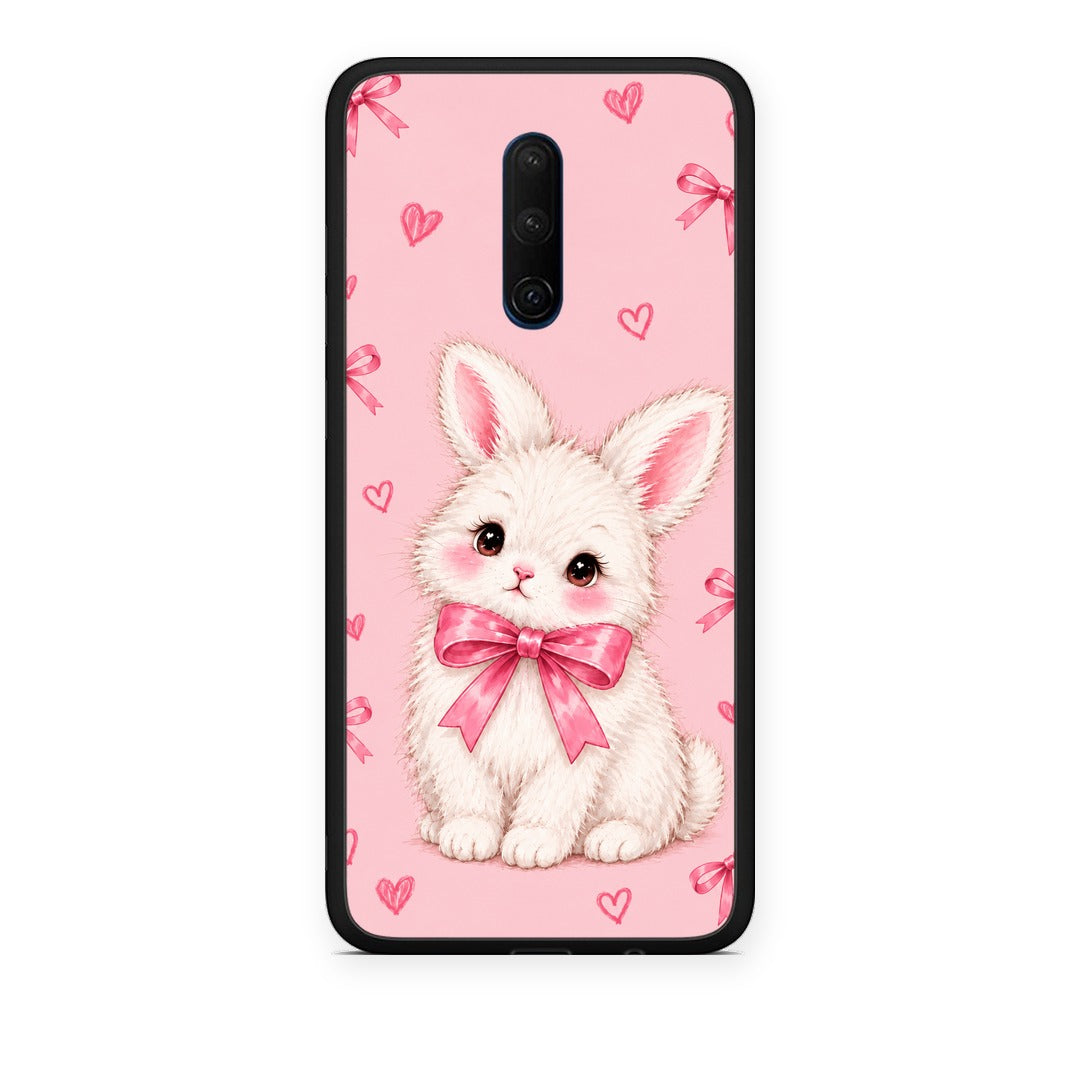 Θήκη OnePlus 7T Pro White Bunny and Pink Bows από τη Smartfits με σχέδιο στο πίσω μέρος και μαύρο περίβλημα | OnePlus 7T Pro White Bunny and Pink Bows case with colorful back and black bezels