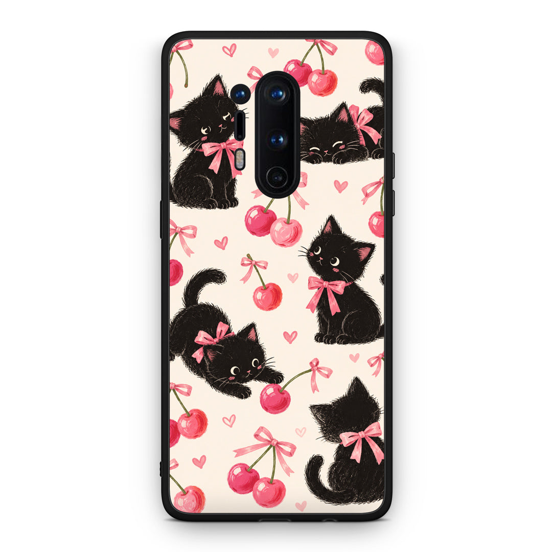 Θήκη OnePlus 8 Pro Black Kittens and Cherries on Cream από τη Smartfits με σχέδιο στο πίσω μέρος και μαύρο περίβλημα | OnePlus 8 Pro Black Kittens and Cherries on Cream case with colorful back and black bezels