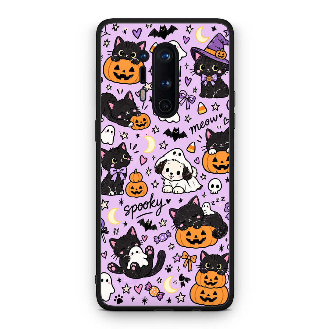 Θήκη OnePlus 8 Pro Halloween Black Cats on Lilac από τη Smartfits με σχέδιο στο πίσω μέρος και μαύρο περίβλημα | OnePlus 8 Pro Halloween Black Cats on Lilac case with colorful back and black bezels