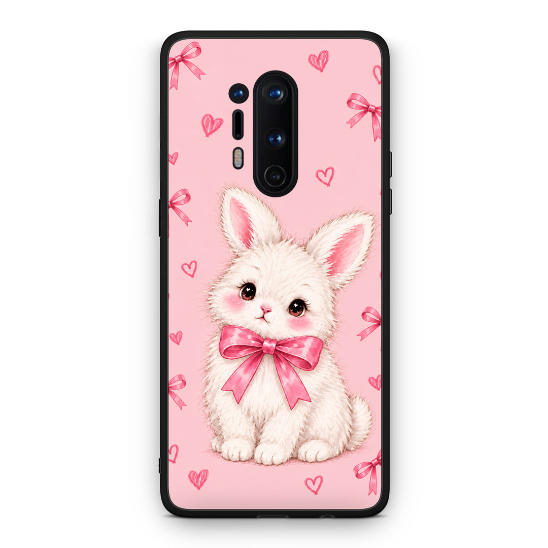 Θήκη OnePlus 8 Pro White Bunny and Pink Bows από τη Smartfits με σχέδιο στο πίσω μέρος και μαύρο περίβλημα | OnePlus 8 Pro White Bunny and Pink Bows case with colorful back and black bezels