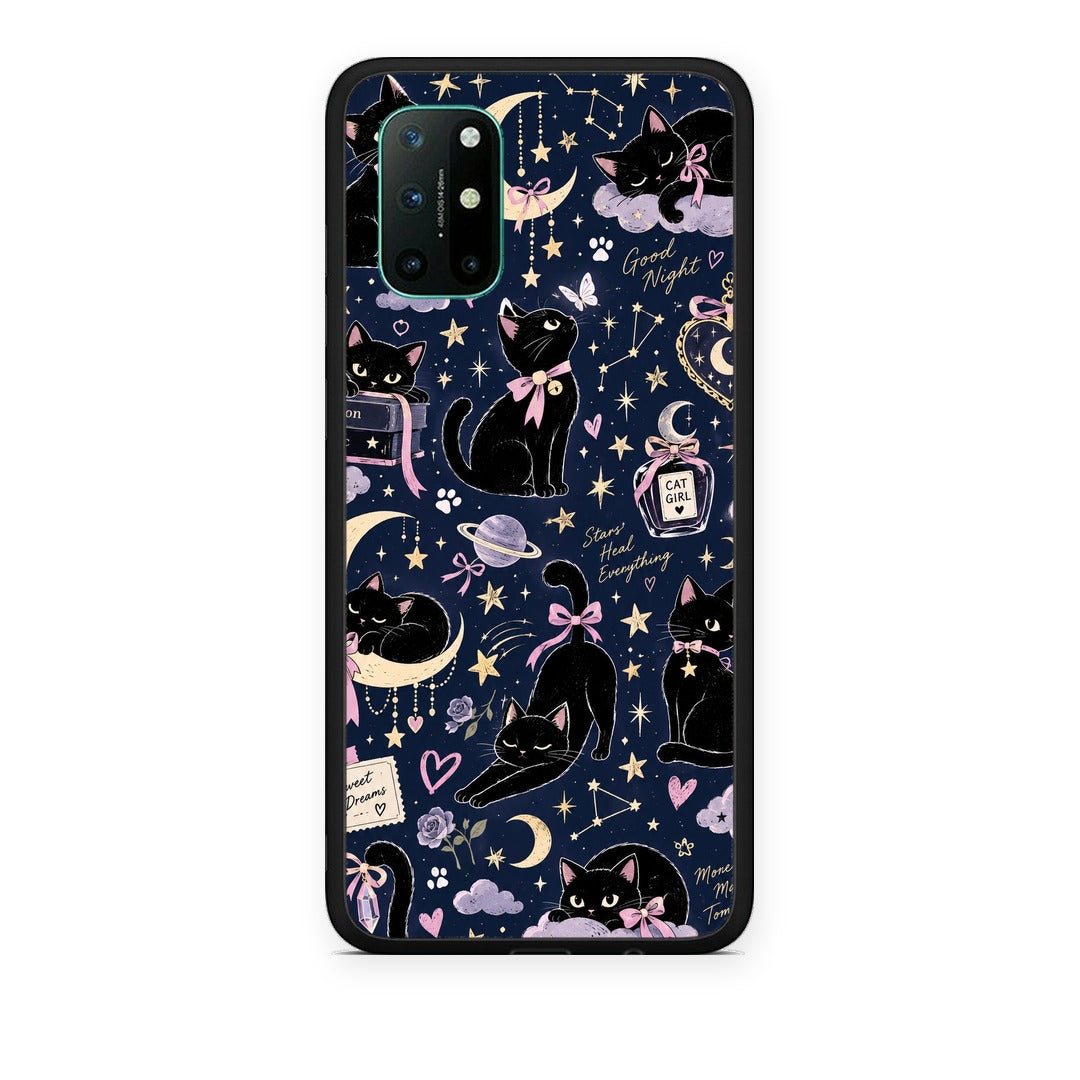 Θήκη OnePlus 8T Celestial Black Cats on Navy από τη Smartfits με σχέδιο στο πίσω μέρος και μαύρο περίβλημα | OnePlus 8T Celestial Black Cats on Navy case with colorful back and black bezels