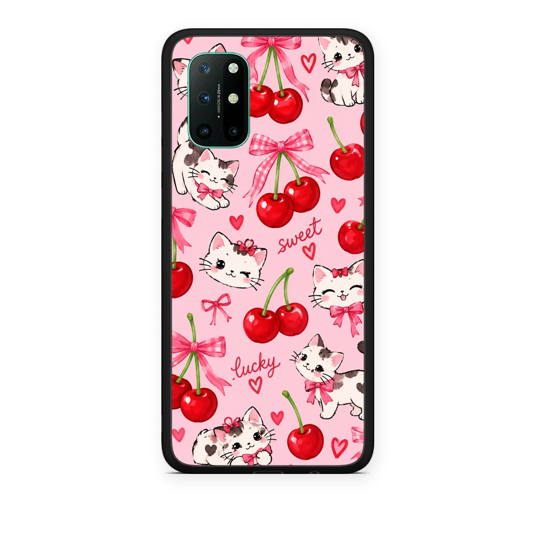 Θήκη OnePlus 8T Cherries Bows and Kittens on Pink από τη Smartfits με σχέδιο στο πίσω μέρος και μαύρο περίβλημα | OnePlus 8T Cherries Bows and Kittens on Pink case with colorful back and black bezels