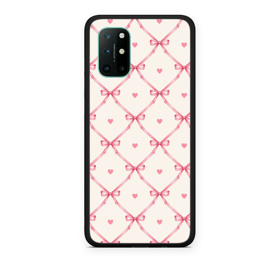 Θήκη OnePlus 8T Pink Bow Lattice and Hearts on Cream από τη Smartfits με σχέδιο στο πίσω μέρος και μαύρο περίβλημα | OnePlus 8T Pink Bow Lattice and Hearts on Cream case with colorful back and black bezels