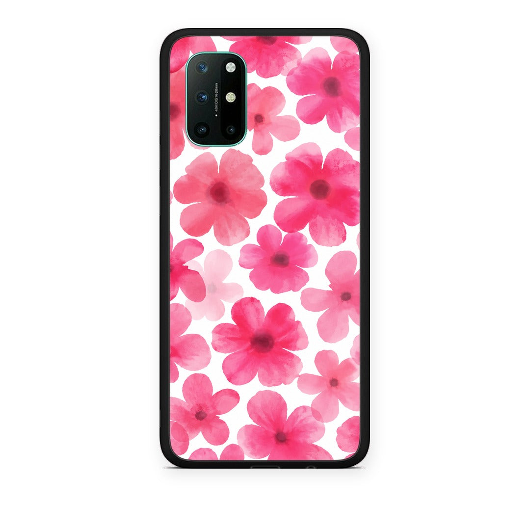 Θήκη OnePlus 8T Pink Watercolour Flowers on White από τη Smartfits με σχέδιο στο πίσω μέρος και μαύρο περίβλημα | OnePlus 8T Pink Watercolour Flowers on White case with colorful back and black bezels
