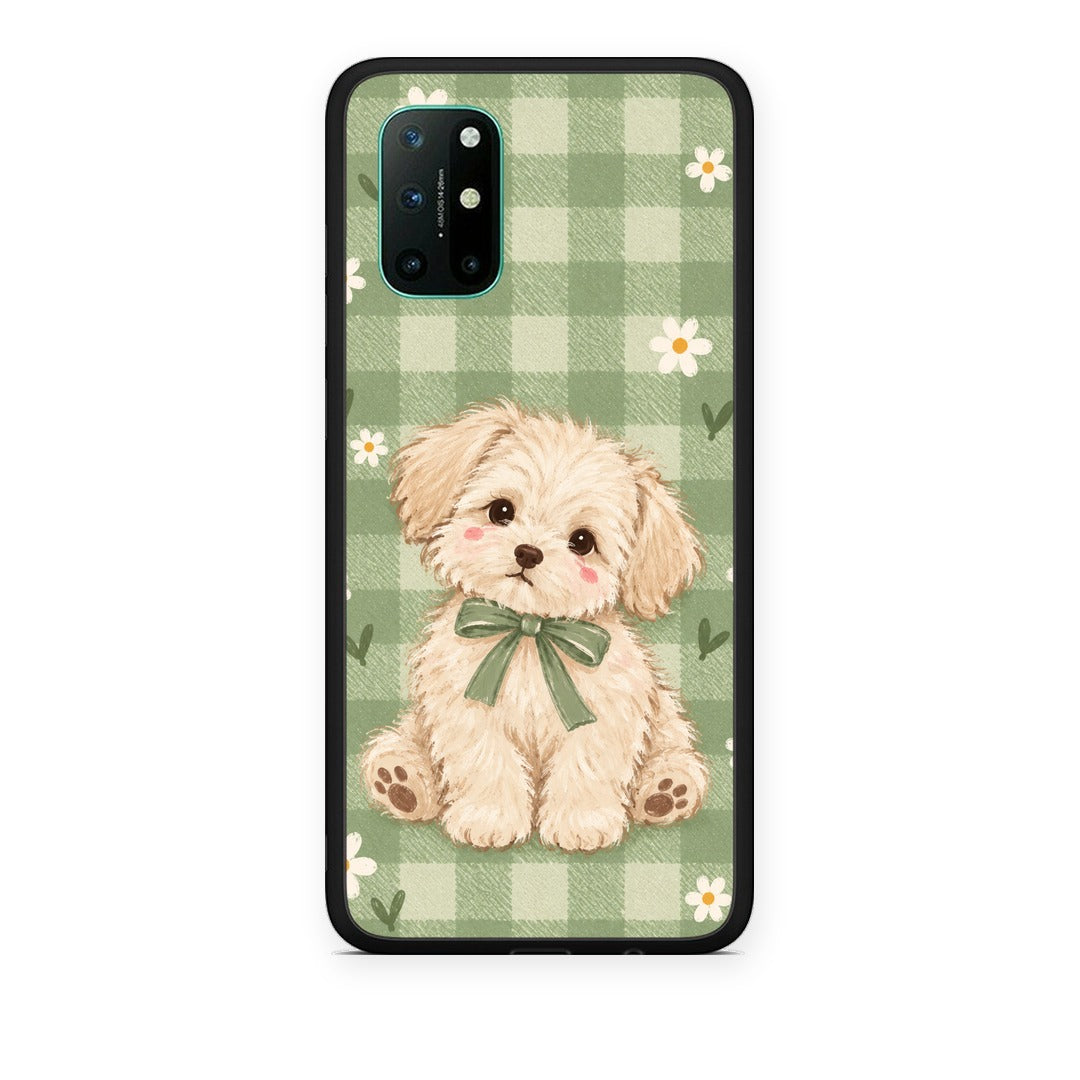 Θήκη OnePlus 8T Puppy and Daisies on Sage Gingham από τη Smartfits με σχέδιο στο πίσω μέρος και μαύρο περίβλημα | OnePlus 8T Puppy and Daisies on Sage Gingham case with colorful back and black bezels