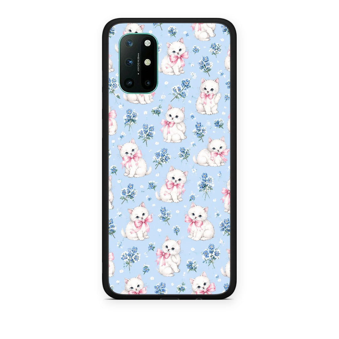 Θήκη OnePlus 8T White Kittens and Blue Flowers Small από τη Smartfits με σχέδιο στο πίσω μέρος και μαύρο περίβλημα | OnePlus 8T White Kittens and Blue Flowers Small case with colorful back and black bezels