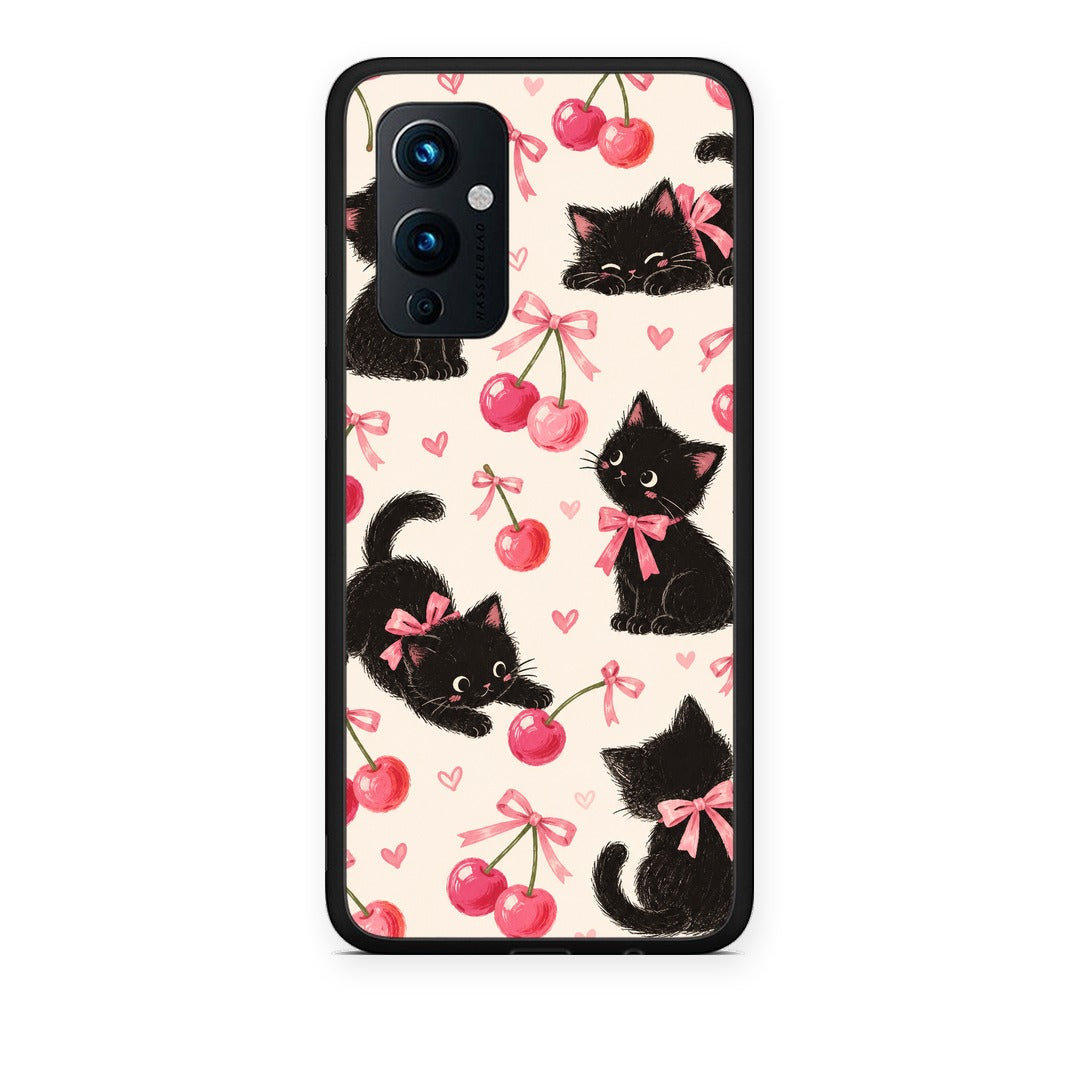 Θήκη OnePlus 9 Black Kittens and Cherries on Cream από τη Smartfits με σχέδιο στο πίσω μέρος και μαύρο περίβλημα | OnePlus 9 Black Kittens and Cherries on Cream case with colorful back and black bezels