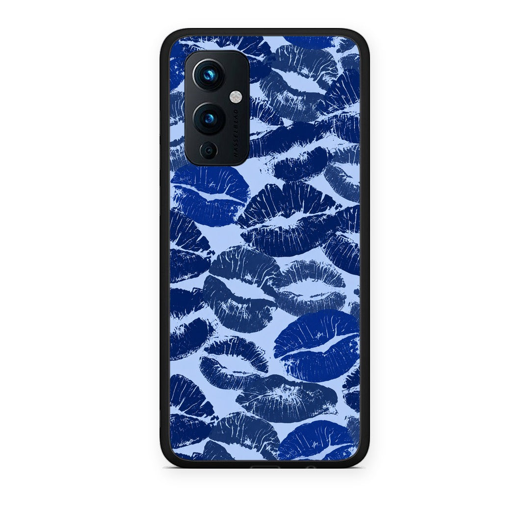 Θήκη OnePlus 9 Blue Lipstick Kisses από τη Smartfits με σχέδιο στο πίσω μέρος και μαύρο περίβλημα | OnePlus 9 Blue Lipstick Kisses case with colorful back and black bezels