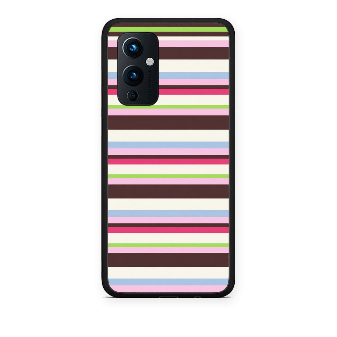Θήκη OnePlus 9 Multicolour Horizontal Stripes από τη Smartfits με σχέδιο στο πίσω μέρος και μαύρο περίβλημα | OnePlus 9 Multicolour Horizontal Stripes case with colorful back and black bezels