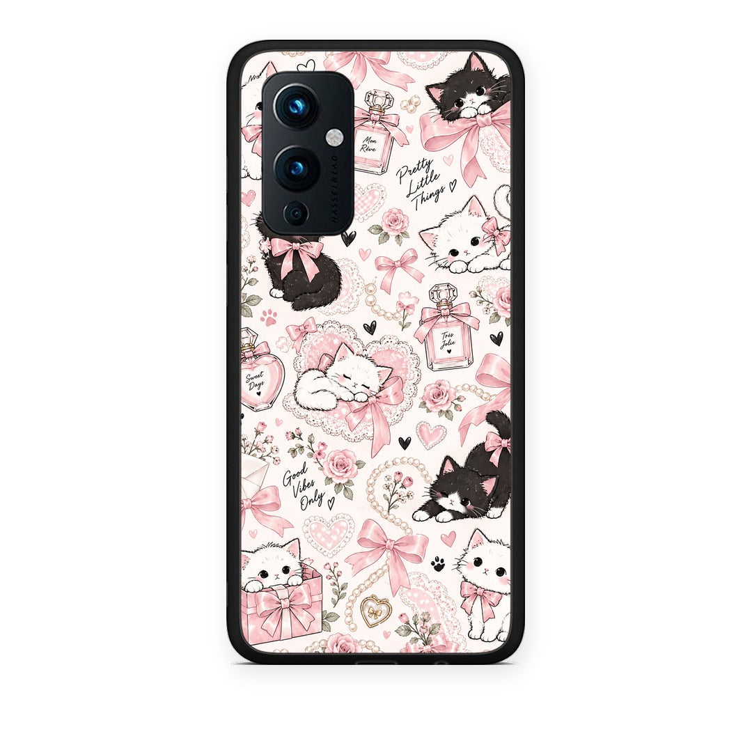 Θήκη OnePlus 9 Pink Bows and Kittens Collage από τη Smartfits με σχέδιο στο πίσω μέρος και μαύρο περίβλημα | OnePlus 9 Pink Bows and Kittens Collage case with colorful back and black bezels