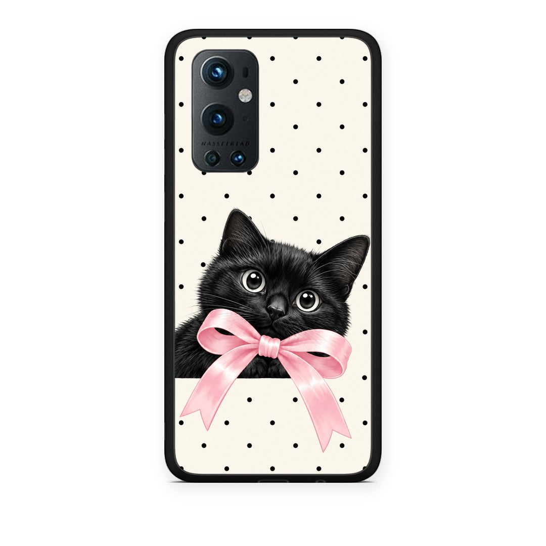 Θήκη OnePlus 9 Pro Black Kitten Pink Bow and Polka Dots από τη Smartfits με σχέδιο στο πίσω μέρος και μαύρο περίβλημα | OnePlus 9 Pro Black Kitten Pink Bow and Polka Dots case with colorful back and black bezels