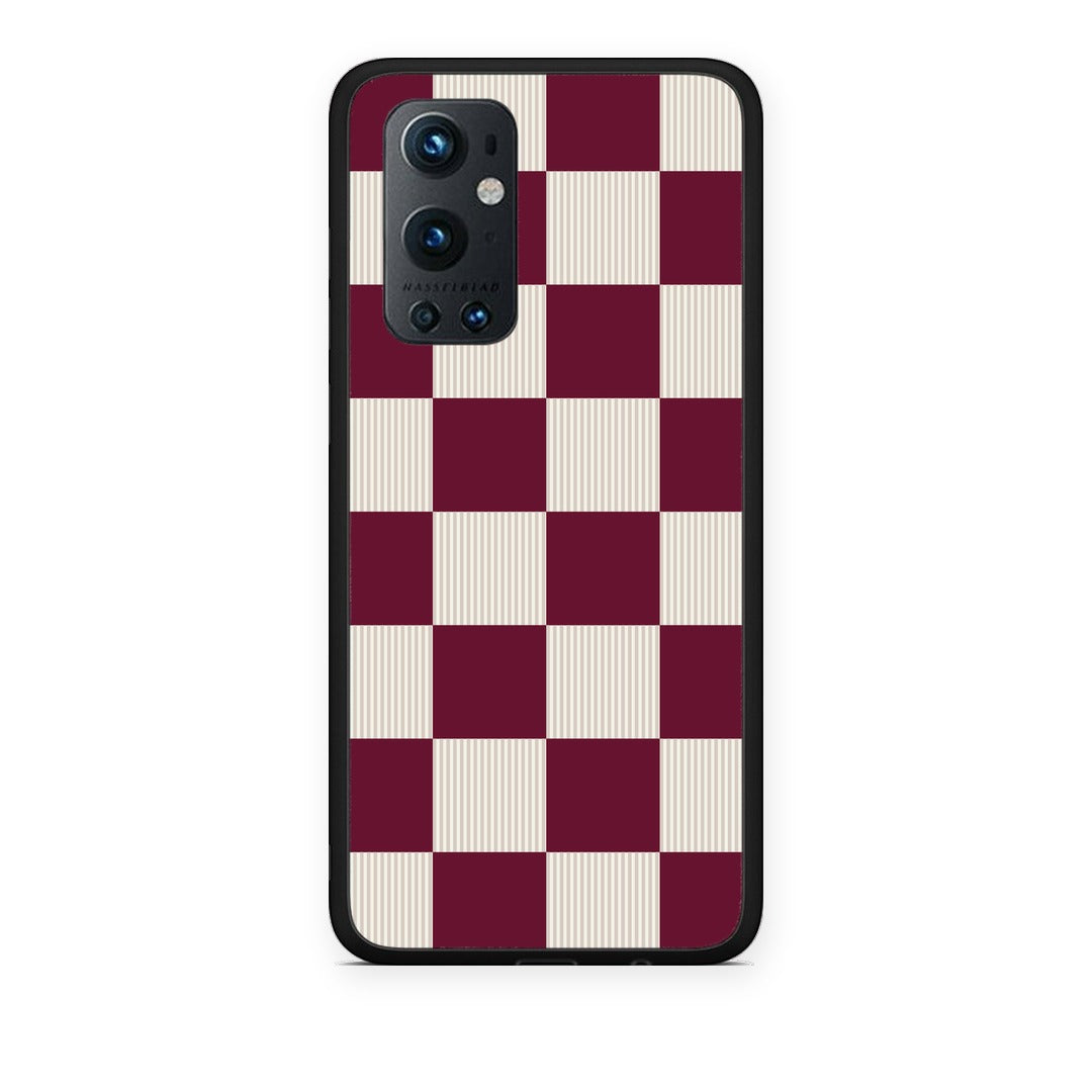 Θήκη OnePlus 9 Pro Burgundy and Cream Striped Checks από τη Smartfits με σχέδιο στο πίσω μέρος και μαύρο περίβλημα | OnePlus 9 Pro Burgundy and Cream Striped Checks case with colorful back and black bezels