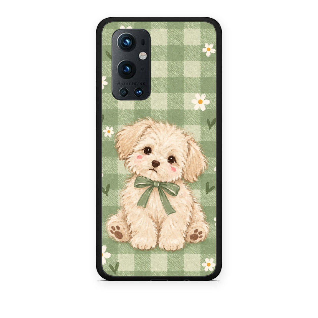 Θήκη OnePlus 9 Pro Puppy and Daisies on Sage Gingham από τη Smartfits με σχέδιο στο πίσω μέρος και μαύρο περίβλημα | OnePlus 9 Pro Puppy and Daisies on Sage Gingham case with colorful back and black bezels