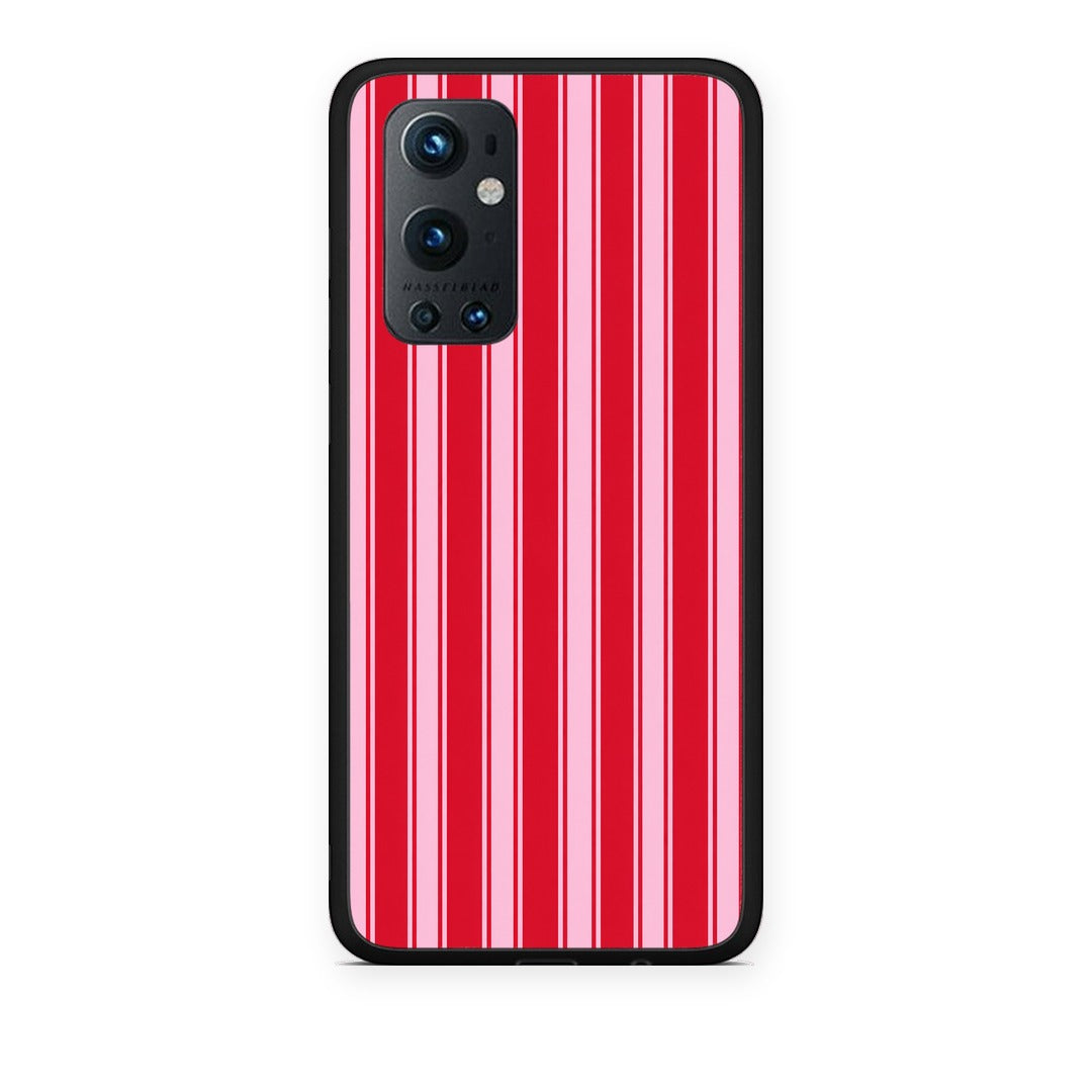 Θήκη OnePlus 9 Pro Red and Pink Vertical Pinstripes από τη Smartfits με σχέδιο στο πίσω μέρος και μαύρο περίβλημα | OnePlus 9 Pro Red and Pink Vertical Pinstripes case with colorful back and black bezels
