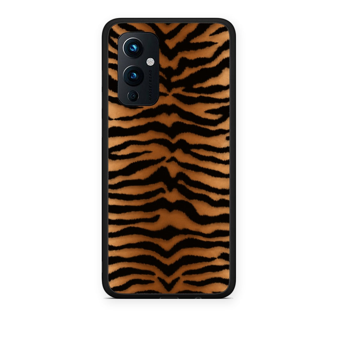 Θήκη OnePlus 9 Tiger Print Orange and Black από τη Smartfits με σχέδιο στο πίσω μέρος και μαύρο περίβλημα | OnePlus 9 Tiger Print Orange and Black case with colorful back and black bezels