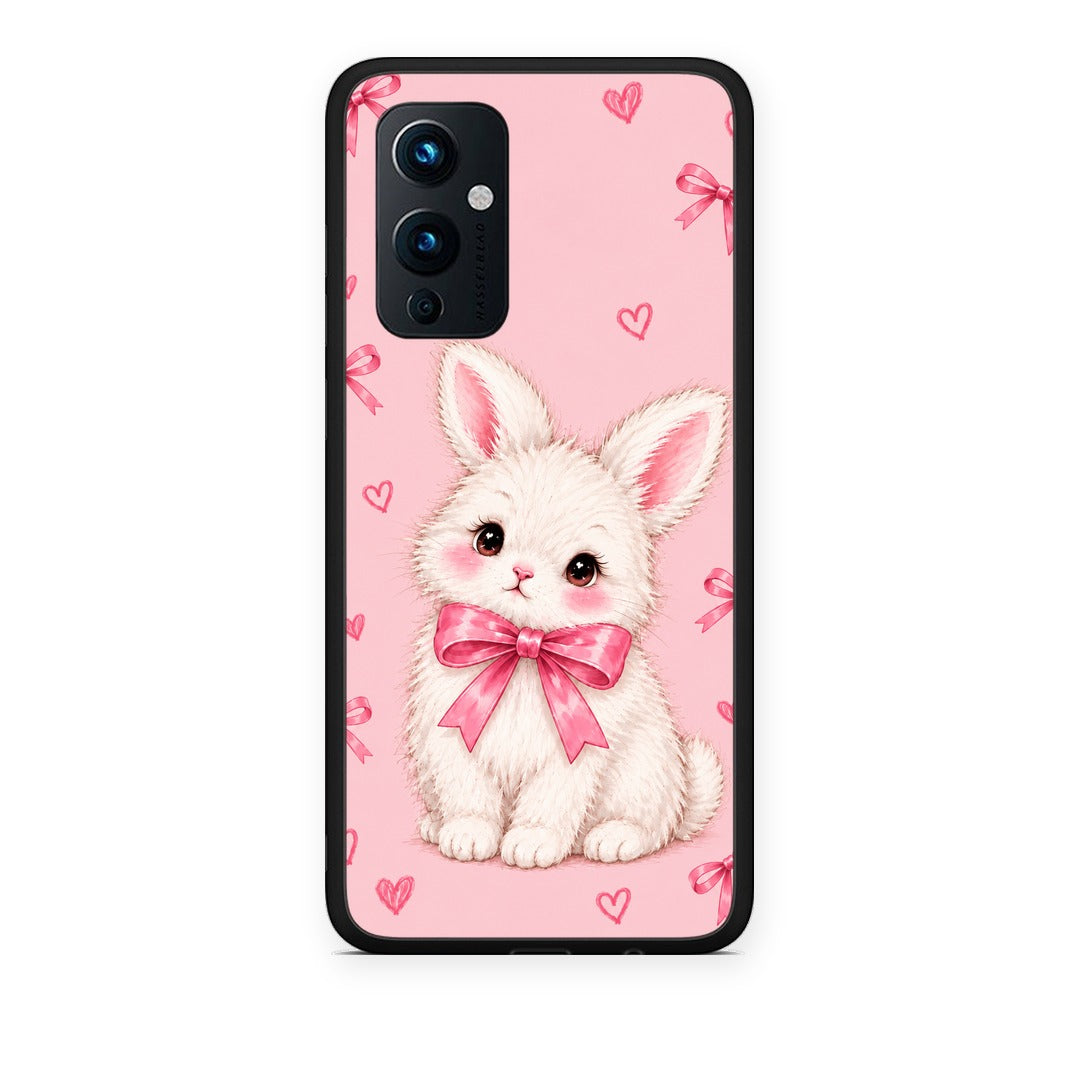 Θήκη OnePlus 9 White Bunny and Pink Bows από τη Smartfits με σχέδιο στο πίσω μέρος και μαύρο περίβλημα | OnePlus 9 White Bunny and Pink Bows case with colorful back and black bezels