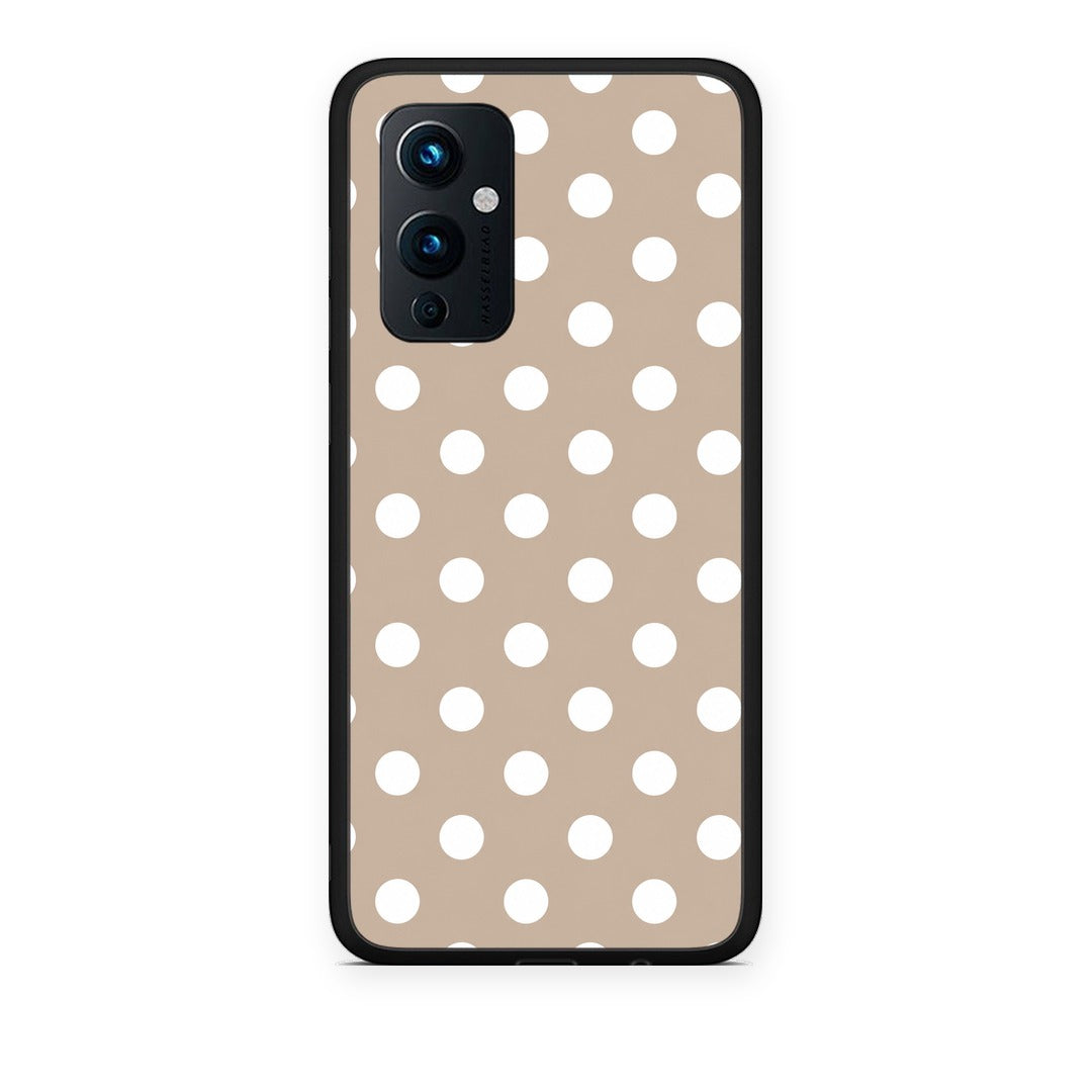 Θήκη OnePlus 9 White Polka Dots on Taupe από τη Smartfits με σχέδιο στο πίσω μέρος και μαύρο περίβλημα | OnePlus 9 White Polka Dots on Taupe case with colorful back and black bezels