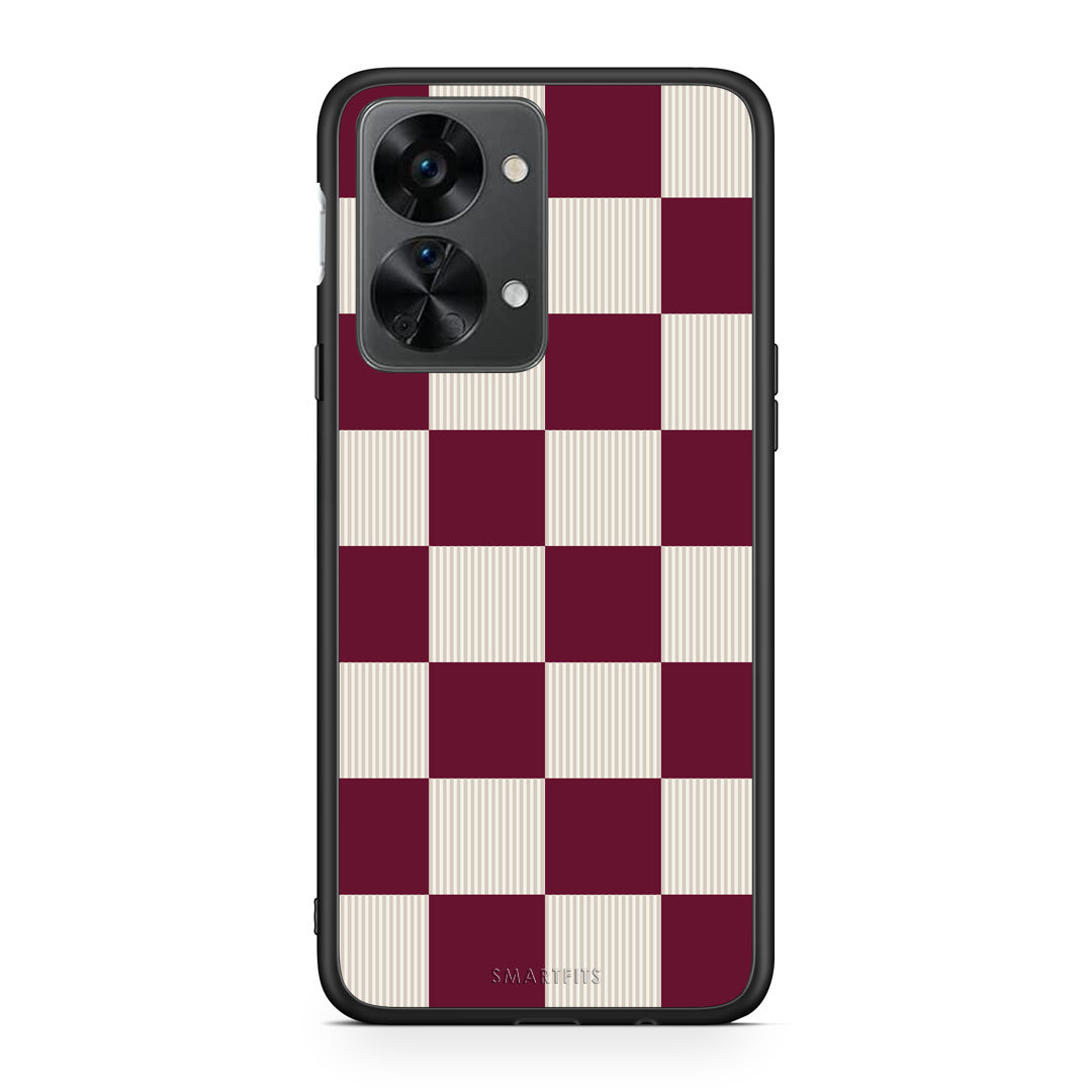 Θήκη OnePlus Nord 2T Burgundy and Cream Striped Checks από τη Smartfits με σχέδιο στο πίσω μέρος και μαύρο περίβλημα | OnePlus Nord 2T Burgundy and Cream Striped Checks case with colorful back and black bezels